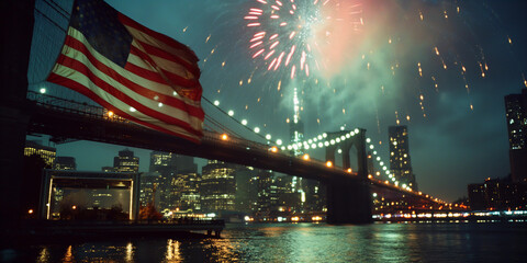 New York Manhattan panorama of Brooklyn Bridge with America USA flag, vanilla sky lots of fireworks at sunset. 4 July Independence Day celebration - obrazy, fototapety, plakaty