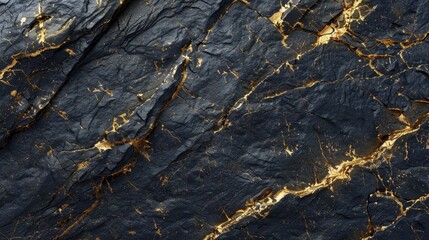 Rough mountain surface with cracks, a black and gold rock texture, Ai Generated.