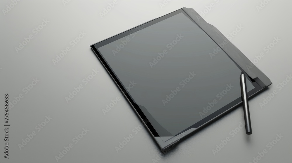 Poster a tablet displaying a blank note-taking app, with a stylus lying across it, set against a clean, sla