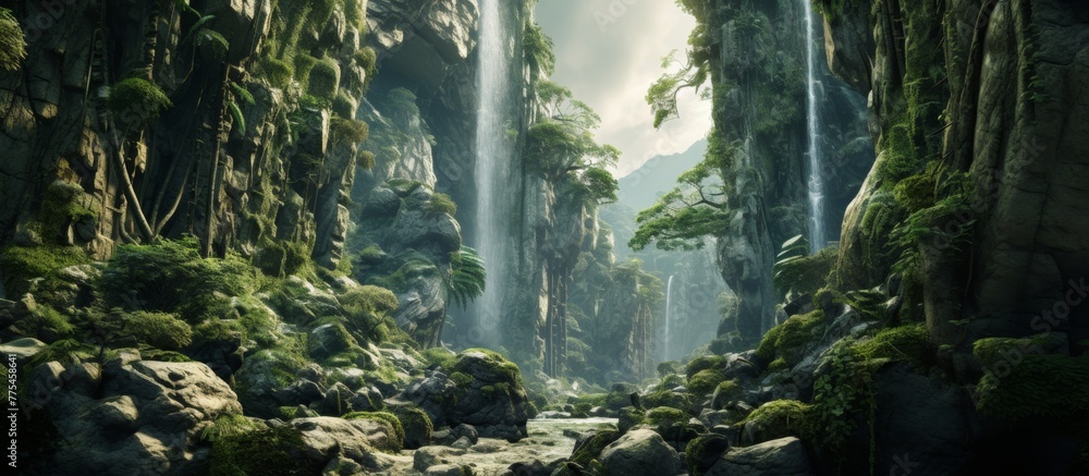 Poster a serene waterfall surrounded by dense greenery and rocks covered in soft moss in a vibrant forest s