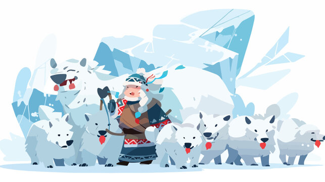 Eskimo with Artic animal of Iceberg 2d flat cartoon