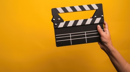 A hand holds a clapper board against a vibrant yellow backdrop for film magic. Ai Generated.