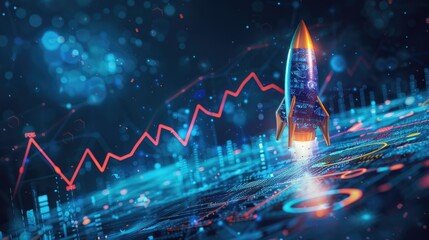 Propel your business to success with a rocket and chart on a vibrant blue background. Ai Generated. - obrazy, fototapety, plakaty