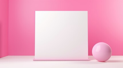 Minimalist setup with a blank white canvas and pink sphere on stand, set against a pink background. Ai Generated