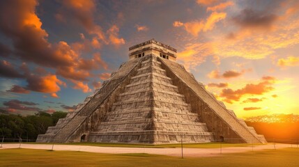 Ancient Pyramid in warm sunset tones, bathed in strong side lighting. Ai Generated - obrazy, fototapety, plakaty