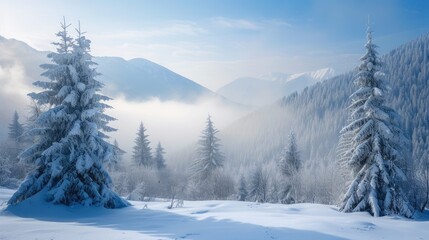 Majestic winter landscape in the mountains, where snow-clad peaks meet the serene embrace of frost. Ai Generated