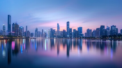Obraz premium City Skyline Reflection over Water at Twilight