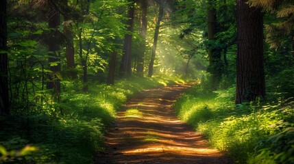 Sunlit Forest Path at Dawn