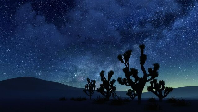 Desolate desert landscape with dark Joshua tree palm silhouettes against fantastic starry night sky with Milky Way galaxy. With no people natural background 3D animation rendered in 4K