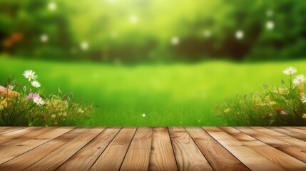Empty wooden floor flower background. Beautiful and bright green blurred background. And the morning sun - can be used to display or edit your products. High quality photo