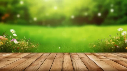 Tuinposter Empty wooden floor flower background. Beautiful and bright green blurred background. And the morning sun - can be used to display or edit your products. High quality photo © AminaDesign