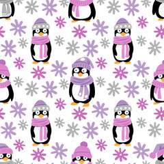 Penguins in a hat seamless pattern, cute animals in flat illustration style, funny animals