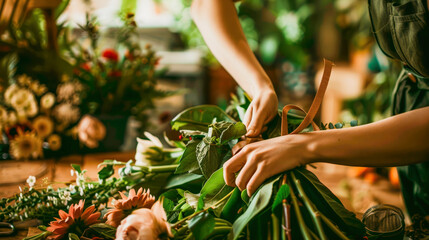 A florist's hands arranging a bouquet with assorted flowers and greenery on a rustic wooden table.