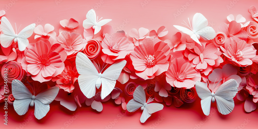Aufkleber a vivid array of red and white paper flowers and butterflies arranged decoratively on a gradient red