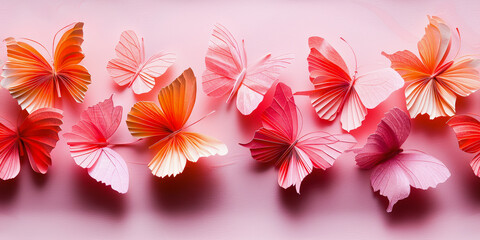 A group of vibrant red and orange butterflies depicted with a sense of motion on a soft pink background.