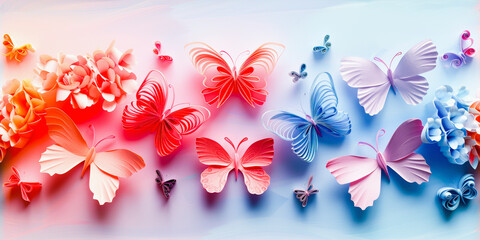 Colorful artistic butterflies and flowers in a gradient of red to blue, symbolizing creativity, nature, and vibrant beauty. - obrazy, fototapety, plakaty