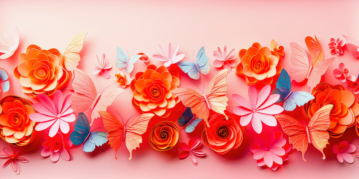 Artistic display of colorful paper-crafted flowers and butterflies in a harmonious spring-themed arrangement on a pink background.