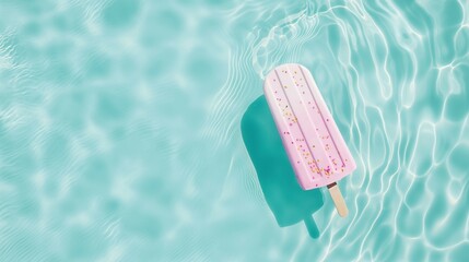 An inflatable rubber mattress in the shape of sprinkled ice cream on the shimmering water surface. Minimal summer refreshment concept.