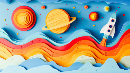 Colorful paper art style illustration of a space scene, featuring a rocket, planets, and stars on a layered textured background.