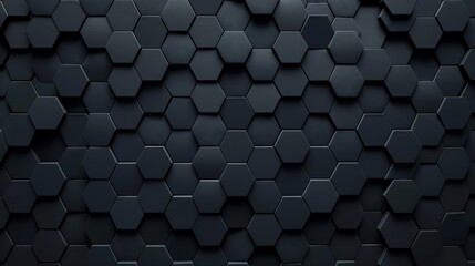 Black, Futuristic Mosaic Tiles arranged in the shape of a wall. Hexagonal, 3D, Bricks stacked to create a Semigloss block background. 3D Render - obrazy, fototapety, plakaty