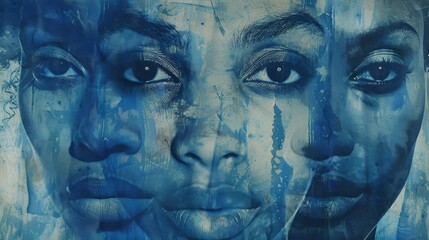 A closeup of a painting featuring the faces of two people, with prominent features like their mouth, jaw, eyelash, temple, and iris painted in electric blue hues, resembling a banknote artwork - obrazy, fototapety, plakaty