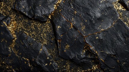 Rough mountain surface with cracks, a black and gold rock texture, Ai Generated.