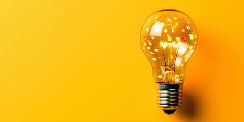 A glowing light bulb with translucent circuit board design, symbolizing innovation, ideas, and technology, set against a yellow background.