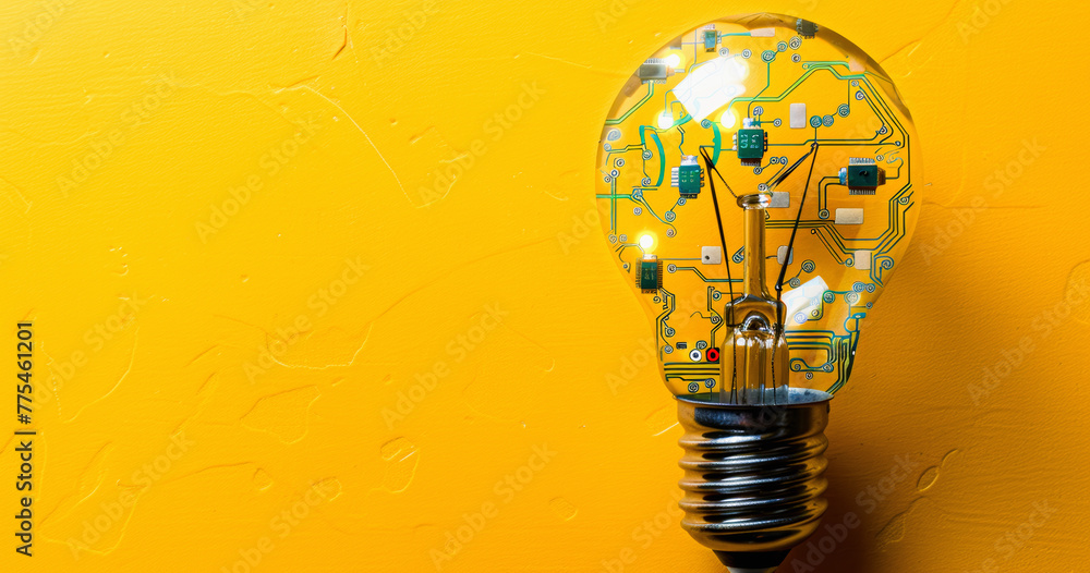 Poster light bulb with circuit board pattern symbolizing innovation, technology, and ideas on a yellow back