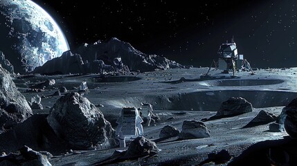 Lunar Mining Base: Innovative Astronauts Harvesting the Moon's Valuable Minerals - obrazy, fototapety, plakaty