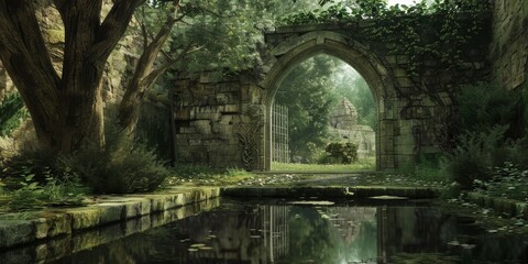 An enchanted garden hidden within medieval castle walls, where all plant life, including trees, has taken on a metallic hue, reflecting the old stone and ironwork created with Generative AI Technology