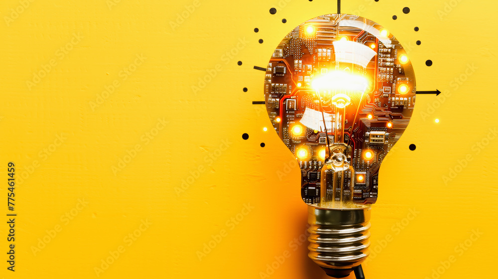 Poster a light bulb with an intricate circuit board design representing innovation and technology against a