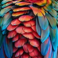 A vibrant close-up of a parrot's plumage, showcasing a spectrum of colors. The background is intentionally understated and monochromatic to make the bird's natural colors pop, illustrating the beauty