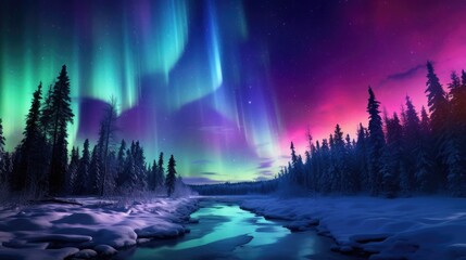 Winter aurora paints a mesmerizing spectrum of colors across the night sky, Ai Generated.