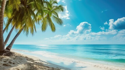 Fototapeta na wymiar a tropical beach view beneath swaying palms. Ai Generated