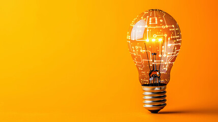 Light bulb with circuit board design on an orange background, symbolizing technology, innovation, and ideas.