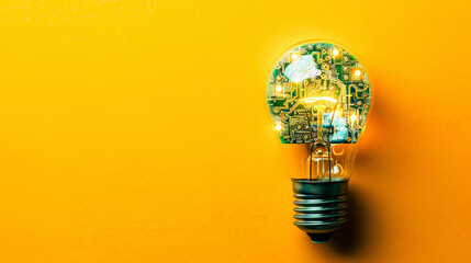 Light bulb with circuit board inside against a yellow background, symbolizing creative technology ideas and innovation.