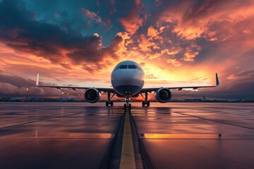 Experience the allure of a sunset with an airplane on an airport runway. Ai Generated.