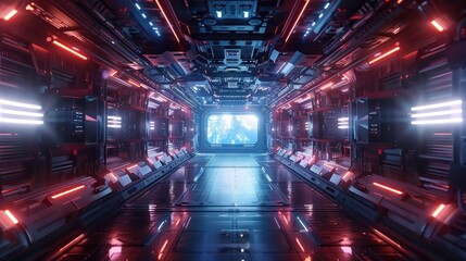 A futuristic space station with a blank digital screen awaiting your broadcast.