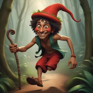 Saci perer&ecirc; character in the forest. Image in AI