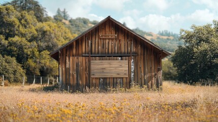 A rustic barn scene with a blank sign welcoming visitors.