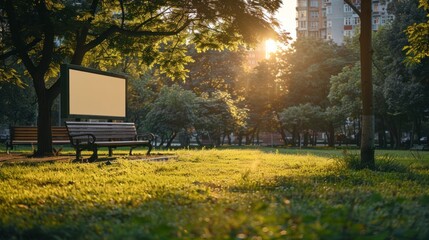 A serene park setting with a blank billboard ready for your message.