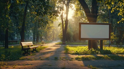 A serene park setting with a blank billboard ready for your message.