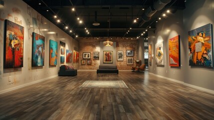 A trendy art gallery featuring a blank space for your masterpiece.
