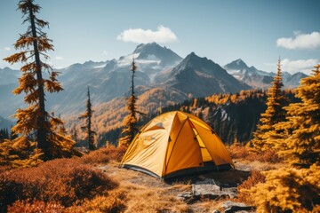 A peaceful camping scene in the mountains, with a tent surrounded by mist and lush greenery
