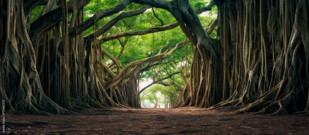 Poster pathway winding through a dense tree tunnel with numerous branches creating a natural canopy overhea