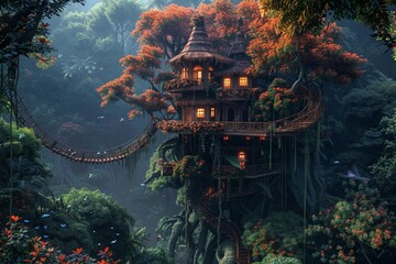 A captivating image of a treehouse surrounded by abundant foliage in a dense forest - obrazy, fototapety, plakaty