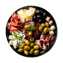 Antipasto An assortment of appetizers, including olives, cured meats. and cheeses, serve in black...