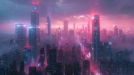 Neon-Lit Futuristic Cityscape Towering into the Night