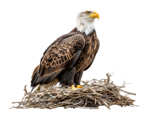 Eagle bald setting in nest on white transparent background