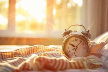 Alarm clock on bed with sunlight coming through window - obrazy, fototapety, plakaty